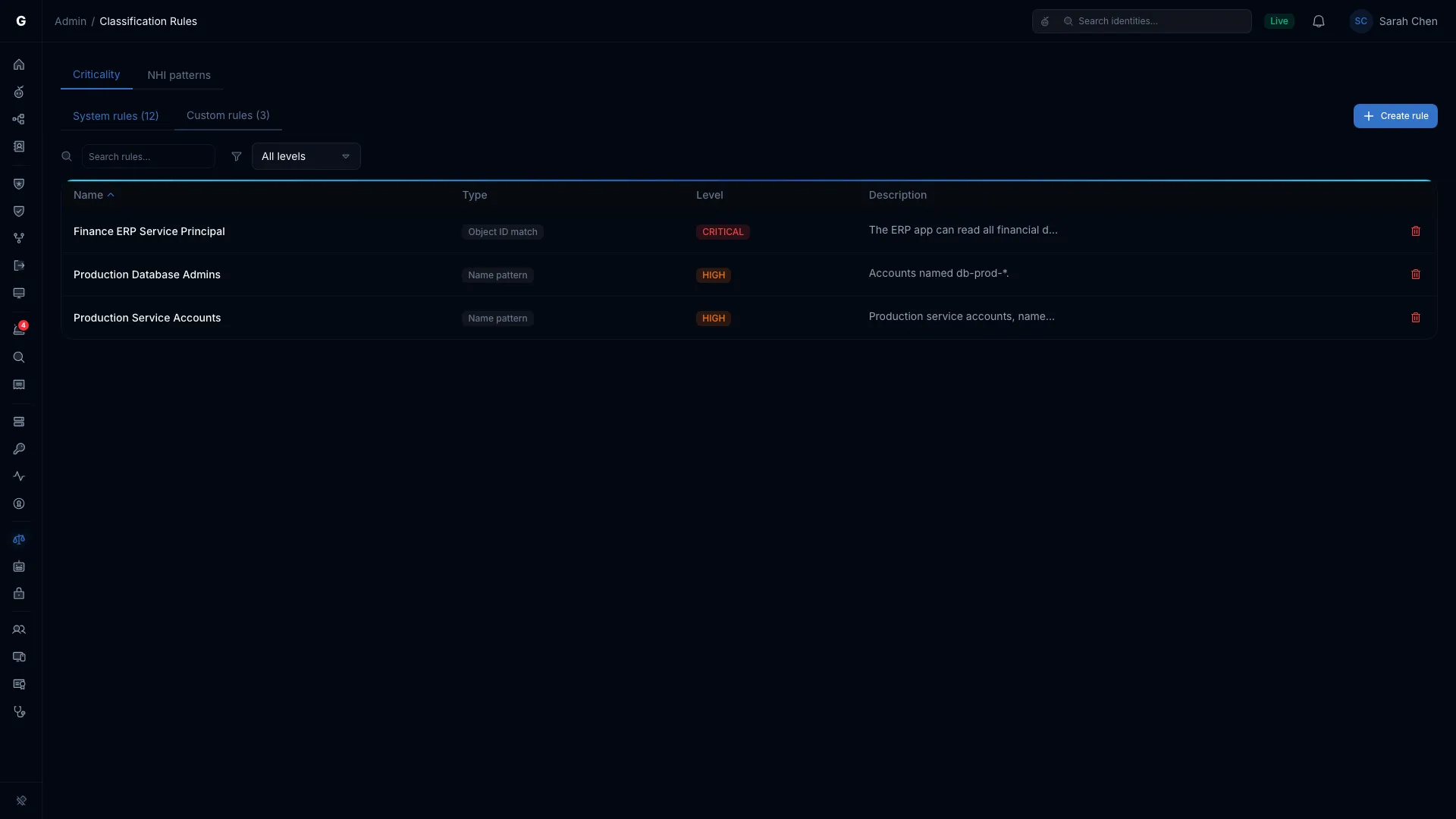 The Custom rules list with custom rules and the Create rule button