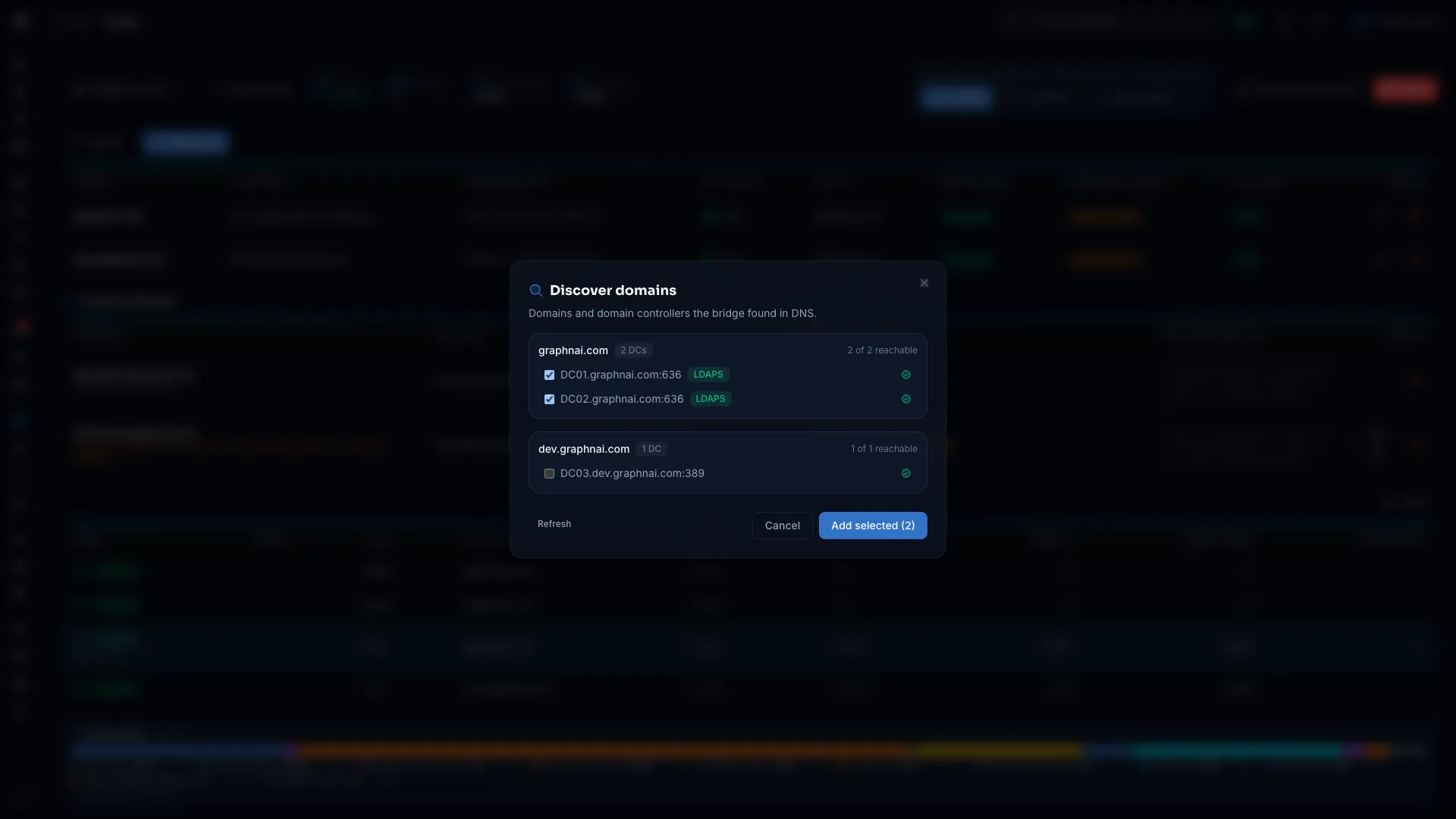 Discover domains dialog with discovered domains, their domain controllers and LDAPS badges
