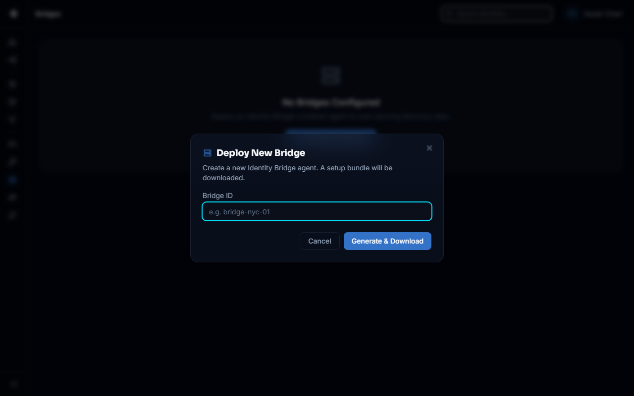 Bridge provisioning modal with name field and Generate Bundle button