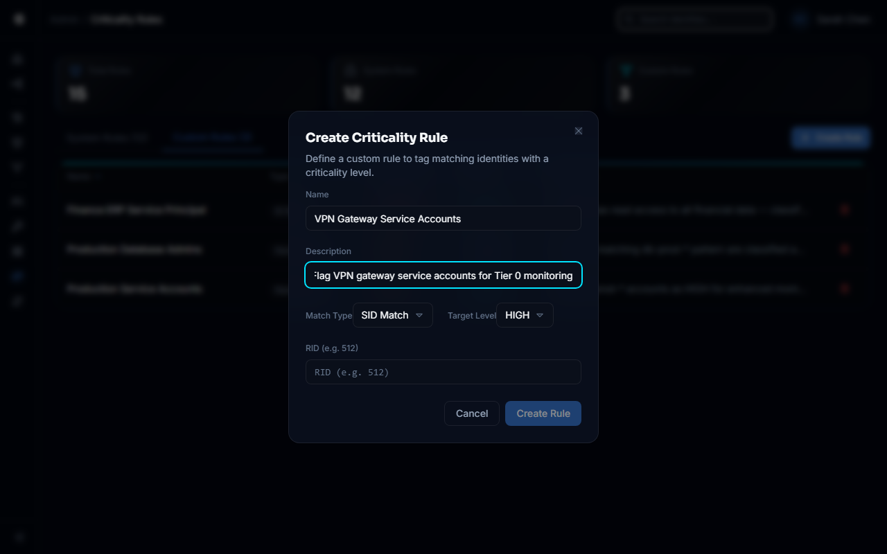 Create Criticality Rule dialog showing name, description, match type, and target level fields