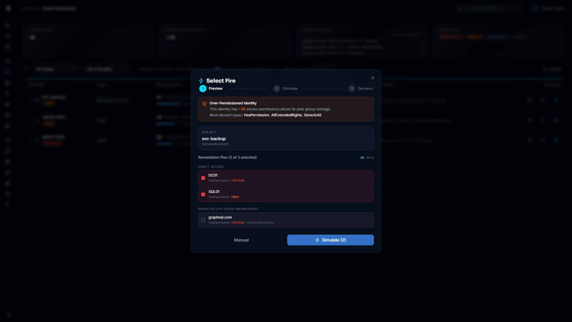 Select Fire Finding Plan mode with a colored hint card showing finding context and a checklist of access relationships